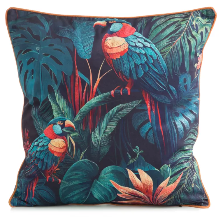 Poszewka na poduszkę 45x45 cm welwetowa, dwustronna z motywem papugi z wypustką na brzegach turkusowo, czerwona VELVET 118 EUROFIRANY PREMIUM
