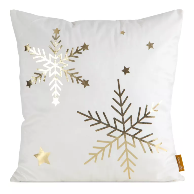 Poszewka na poduszkę świąteczna 45x45 cm welwetowa biała zdobiona nadrukiem szampańskich śnieżynek Eurofirany