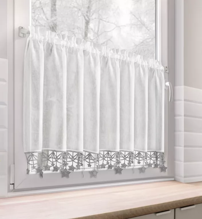 Zazdrostka świąteczna biało, srebrna z etaminy zdobiona luźno zwisającymi gwiazdkami 150x60 cm tunel - XMAS Eurofirany