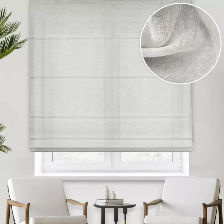 Roleta rzymska popielata wykonana z naturalnej lnianej tkaniny, matowa, wykończona obciążnikiem