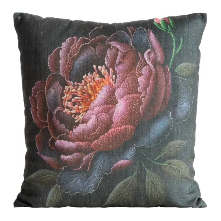 Poszewka na poduszkę 45x45 cm o strukturze lnu z nadrukiem subtelnych kwiatów czarno, różowa LEN Eurofirany