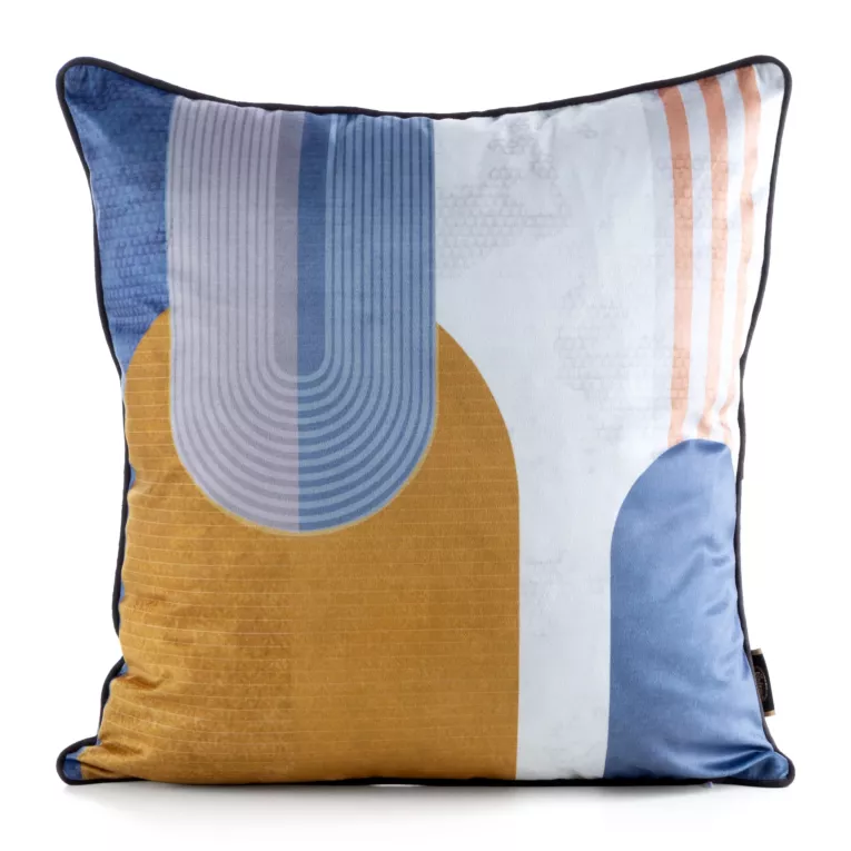 Poszewka na poduszkę 45x45 cm welwetowa zdobiona nadrukiem geometrycznym i ozdobną lamówką niebiesko, musztardowa VELVET 164 EUROFIRANY PREMIUM
