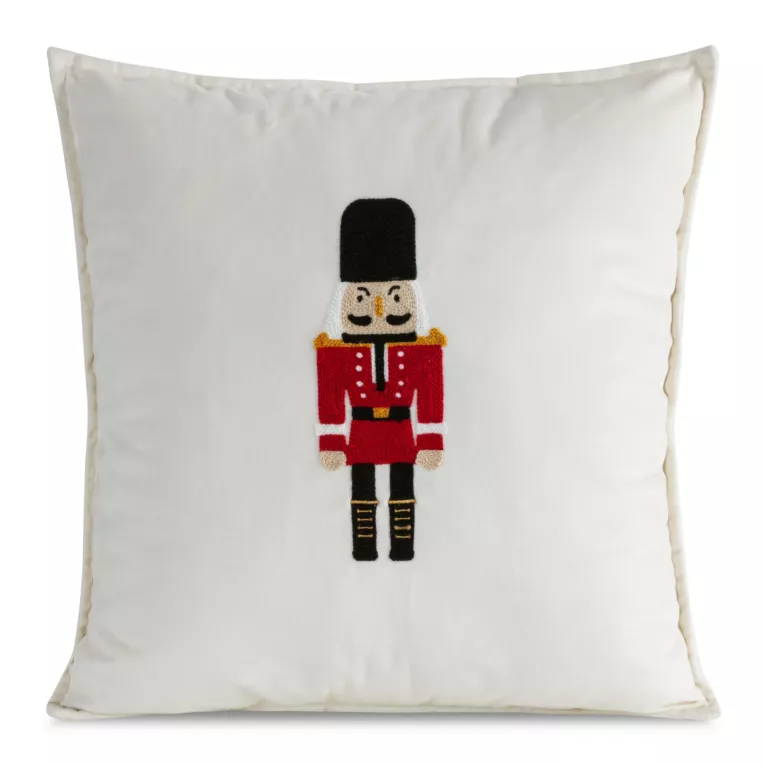 Poszewka na poduszkę 45x45 cm welwetowa z haftem z dziadkiem do orzechów biała Eurofirany