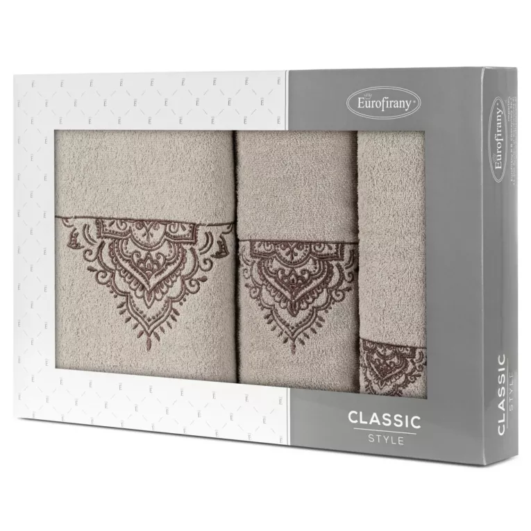Zestaw ręczników bawełnianych 3 szt kolor beżowy, brązowy z haftem 400 g/m2 LAURA Eurofirany