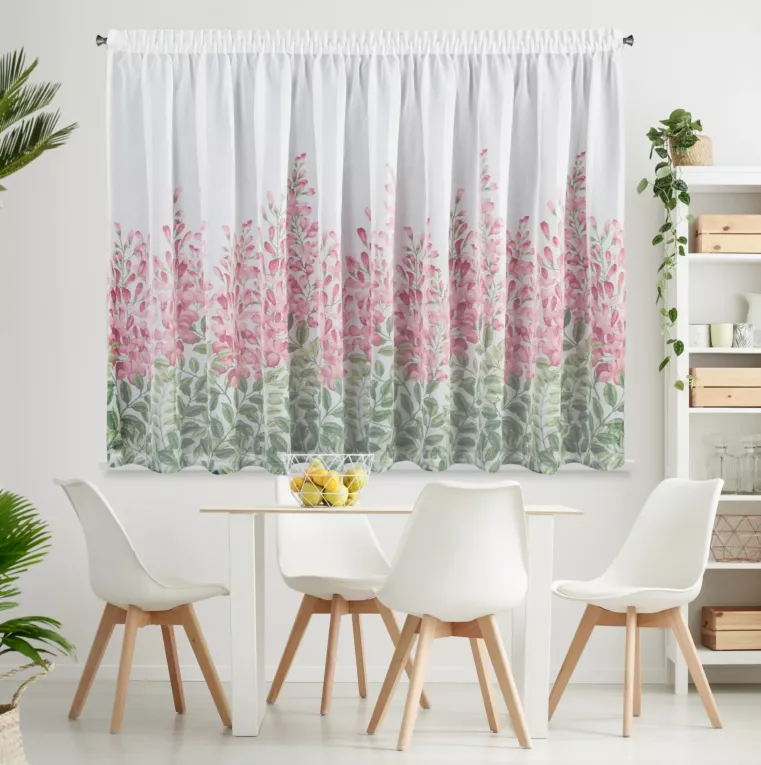 Firana biało, różowa z etaminy zdobiona motywem kwiatów 300x160 cm taśma - JULIETA Eurofirany