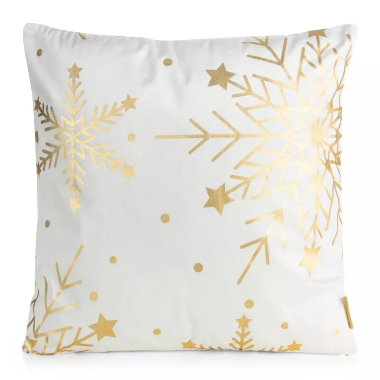 Poszewka na poduszkę  45x45 cm welwetowa biała zdobiona świątecznym nadrukiem szampańskich śnieżynek Eurofirany