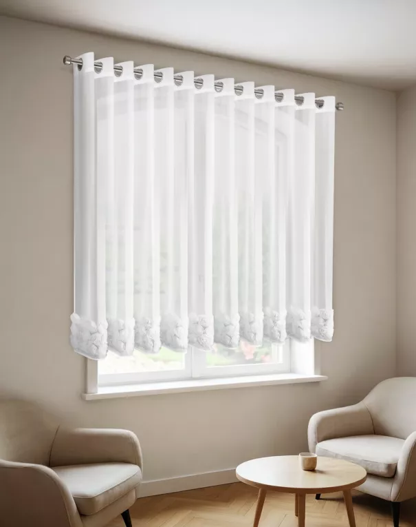 Firana z siateczki biała zdobiona pasem aplikacji 3D róż 350x160 cm taśma ROSES Eva Minge Eurofirany