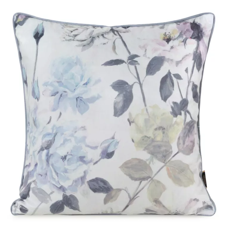 Poszewka na poduszkę 45x45 cm welwetowa z nadrukiem pastelowych kwiatów i ozdobną kontrastującą wypustką kremowo, niebieska VELVET 148 EUROFIRANY PREMIUM