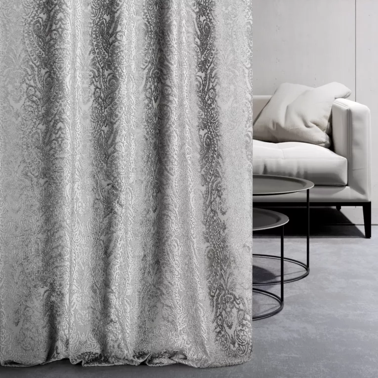 Zasłona szyta na taśmie fala srebrna z grubej tkaniny welwetowej z ornamentowym wzorem z efektem 3 D