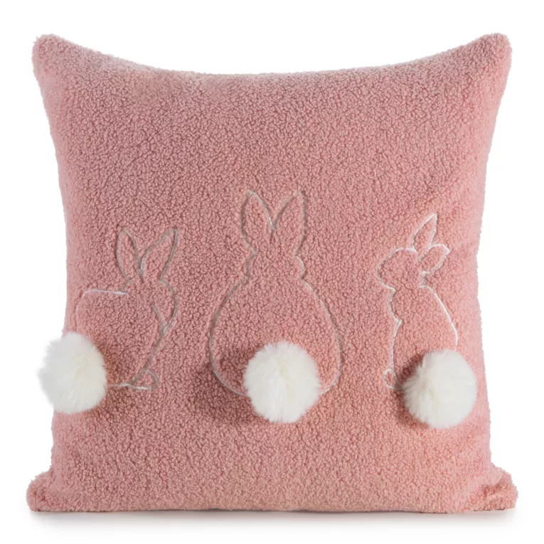 Poszewka na poduszkę 45x45 cm z tkaniny typu bukla i uroczym haftem z pomponami pudrowo, biała WIOSNA 53 Eurofirany