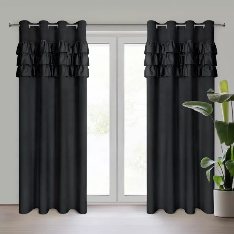 Zasłona czarna zdobiona falbanami z welwetu 140x250 cm przelotka SAMI Eurofirany
