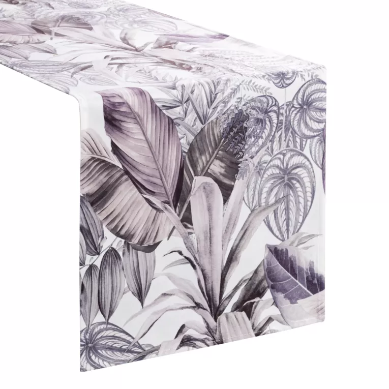Bieżnik na stół 40x140 cm biało, fioletowy welwetowy DAVOS zdobiony nadrukiem egzotycznych liści DESIGN 91