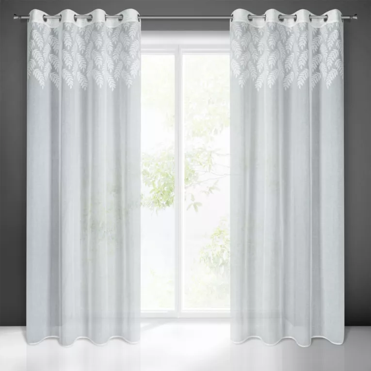 Firana biała z ozdobnym pasem żakardowych liści w górnej części 140x250 cm przelotka ANET Eurofirany