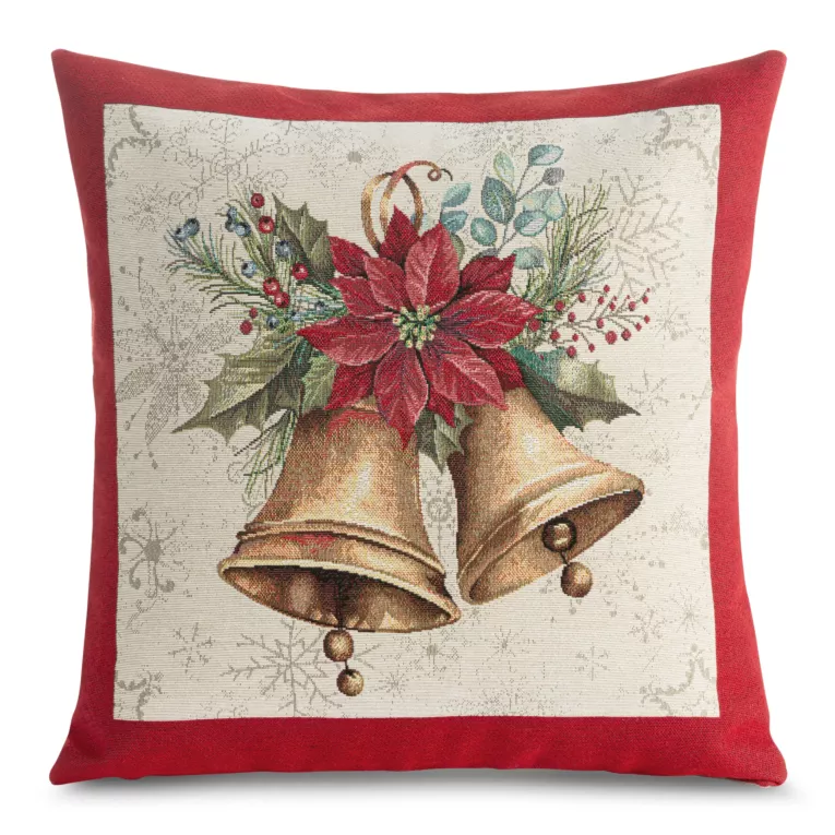 Poszewka na poduszkę 45x45 cm gobelinowa z mieszanki włókien zdobiona motywem dzwoneczków naturalno, czerwona GOB Eurofirany