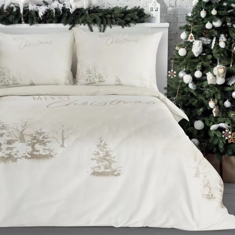 Pościel świąteczna 160x200 cm z mikrowłókna, kolor beżowy, biały z subtelnym nadrukiem  SNOWFLAKE Eurofirany