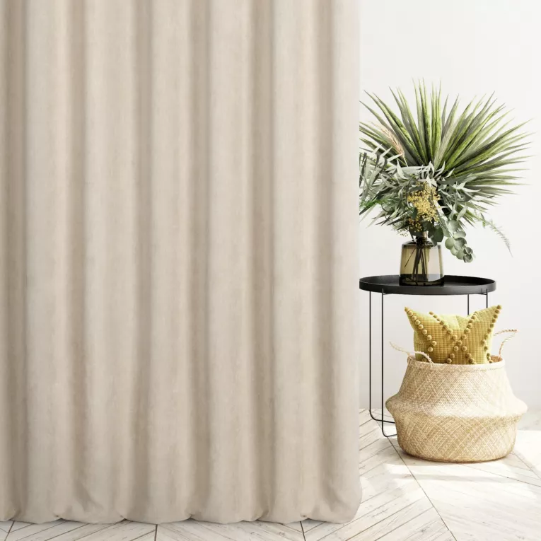 Zasłona szyta na taśmie fala ciemnokremowa z miękkiej matowej tkaniny szenilowej o naturalnym splocie