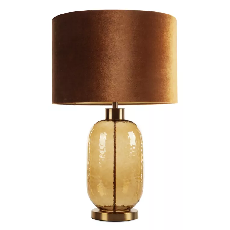 Lampa stołowa do pokoju ceglasta NELLY na szklanej podstawie z złotego szkła z welwetowym abażurem Eurofirany