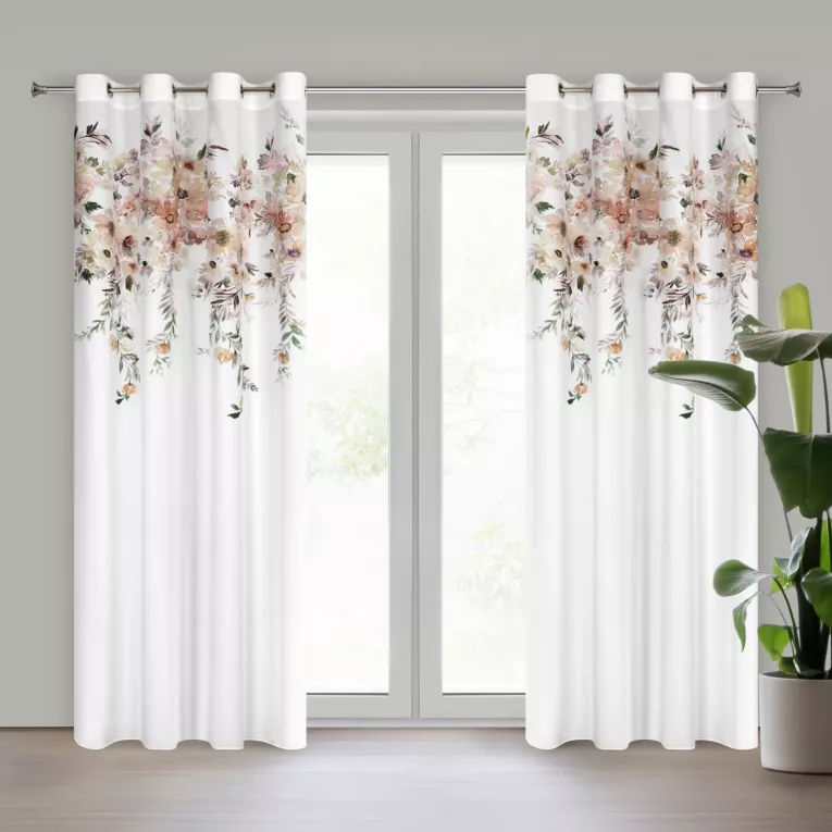 Zasłona biało, żółta zdobiona kwiatami 140x250 cm przelotka AVERY Eurofirany