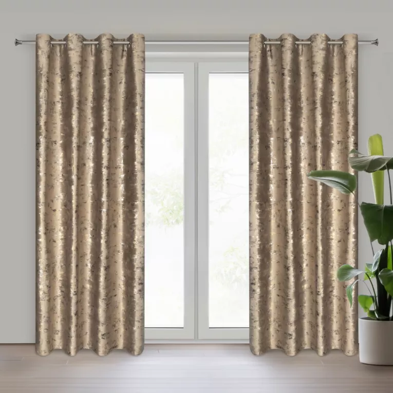 Zasłona brązowo, złocista zdobiona błyszczącym marmurkowym wzorem, welwetowa 140x250 cm przelotka TAMI Eurofirany