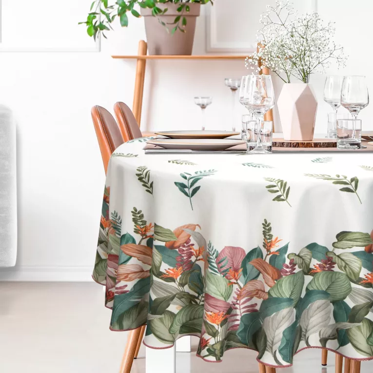 Obrus okrągły naturalno, zielony średnica 150 cm INES z nadrukowanym motywem botanicznym