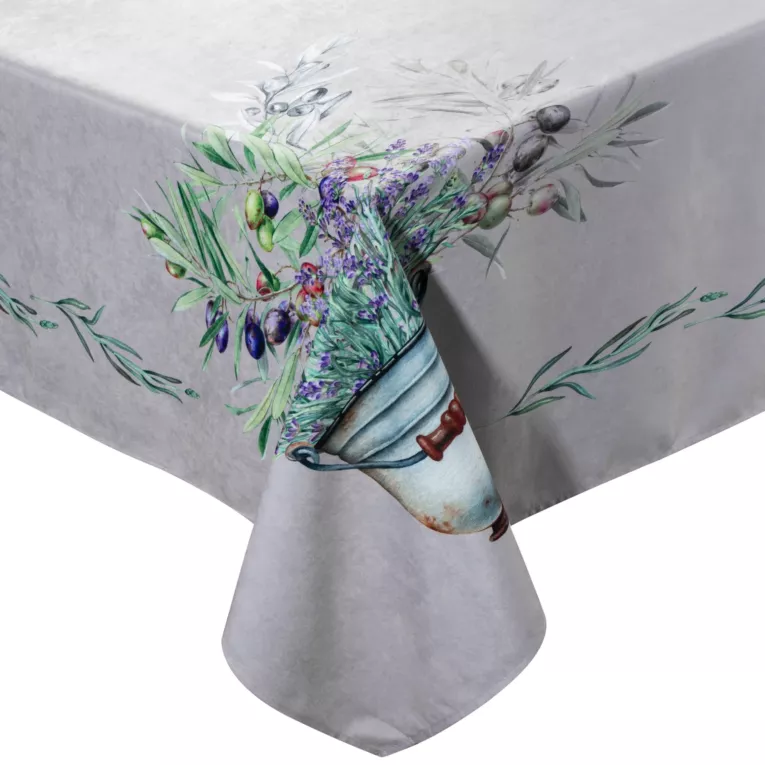 Obrus jasnoszaro, fioletowy 140x180 cm SUMMER 1 z nadrukowanym motywem bukietu lawend