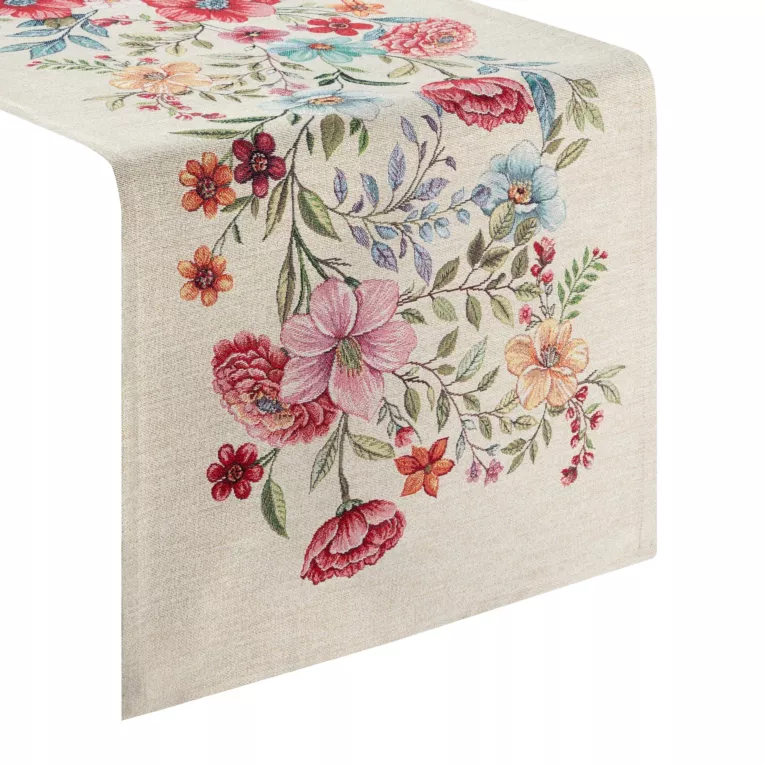 Obrus na stół naturalno, różowy 45x140 cm gobelinowy zdobiony motywem kwiatów Eurofirany