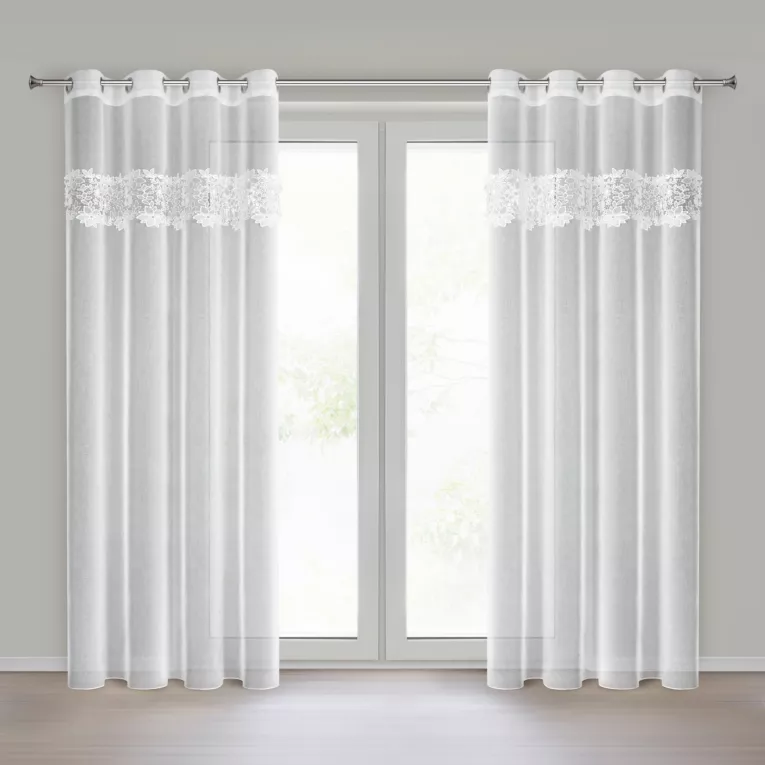 Firana biała z matowej etaminy zdobiona subtelną aplikacja w formie kwiatów 140x250 cm przelotka - ARTEMIDA Eurofirany