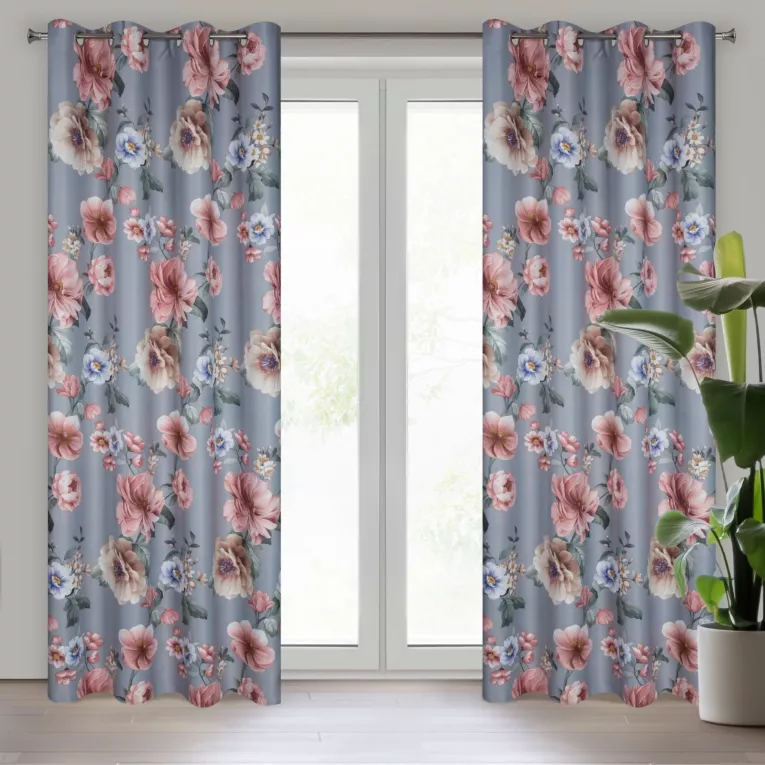 Zasłona szaro, różowa w kwiaty, zaciemniająca 140x250 cm przelotka GAJA Eurofirany