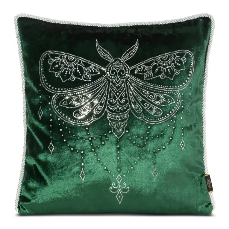 Poszewka na poduszkę 45x45 cm welwetowa zdobiona wzorem motyla z kryształków ciemnozielona ROYAL 8 Eurofirany