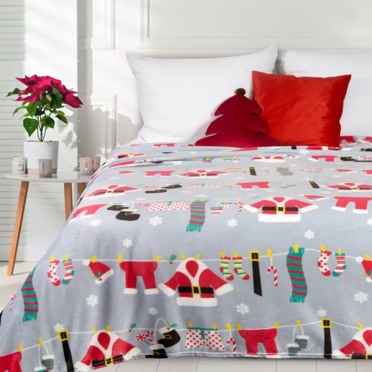 Koc  150x200 cm szaro, czerwony z motywem świątecznym  Eurofirany