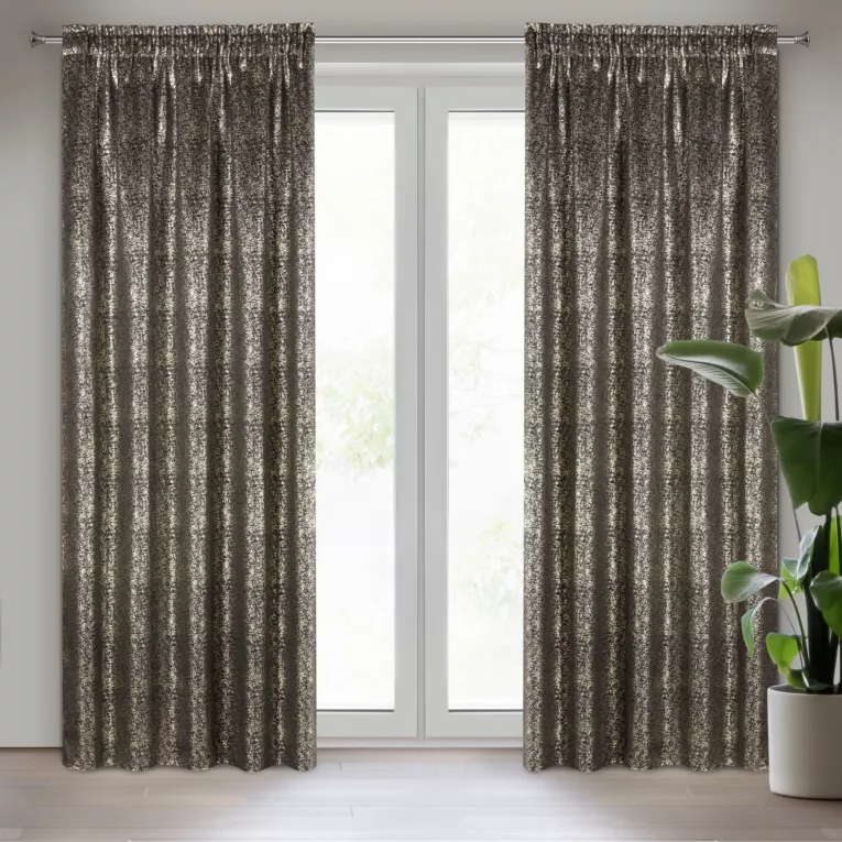 KATIE GRUBA CZARNA ZASŁONA ZE ZŁOTYM METALICZNYM NADRUKIEM 135x270 NA TAŚMIE MARSZCZĄCEJ EUROFIRANY DIVA LINE