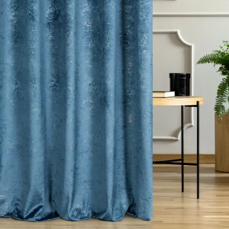 Zasłona szyta na taśmie fala ciemnoniebieska miękka tkanina welwetowa, ze złotym marmurowym nadrukiem