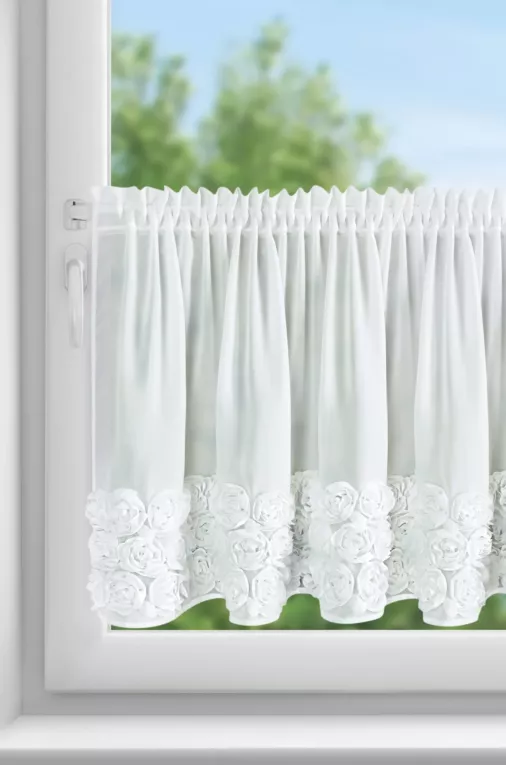 Zazdrostka biała z szyfonu zdobiona pasem 3D róż 70x150 cm taśma marszcząca - ROSES- EVA MINGE Eurofirany