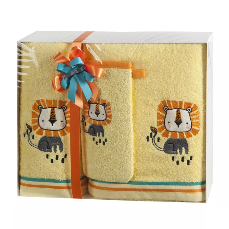 Zestaw ręczników bawełnianych na prezent 1 szt 50x90 cm, 1 szt 70x140 cm i myjka 15x21 cm kolor pomarańczowy zdobionych motywem lwa Eurofirany