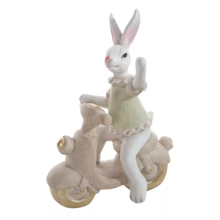 Wielkanocna figurka dekoracyjna uroczego zajączka na skuterku w miętowo, białej kolorystyce Eurofirany