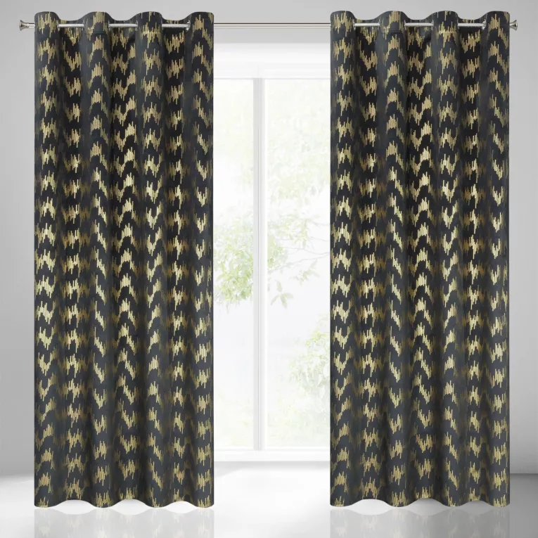 Zasłona czarno, złota ze srebrnym nadrukiem z tkaniny welwetowej 140x250 cm przelotka CHILL Eurofirany