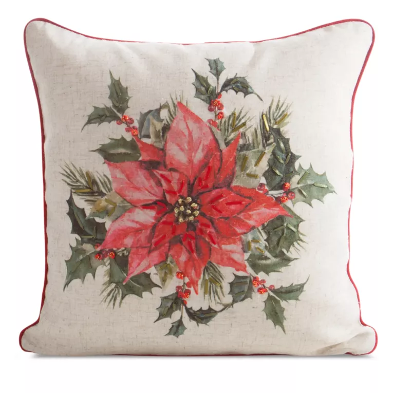 Poszewka na poduszkę świąteczna 45x45 cm  o strukturze lnu beżowo, czerwona zdobiona nadrukiem gwiazdy betlejemskiej Eurofirany