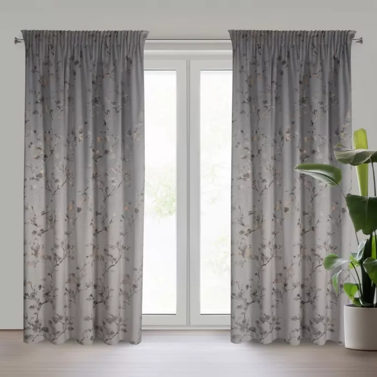 Zasłona srebrno, szampańska z błyszczącym  nadrukiem kwiatu jabłoni, welwetowa 140x270 cm taśma SELENA  Eurofirany