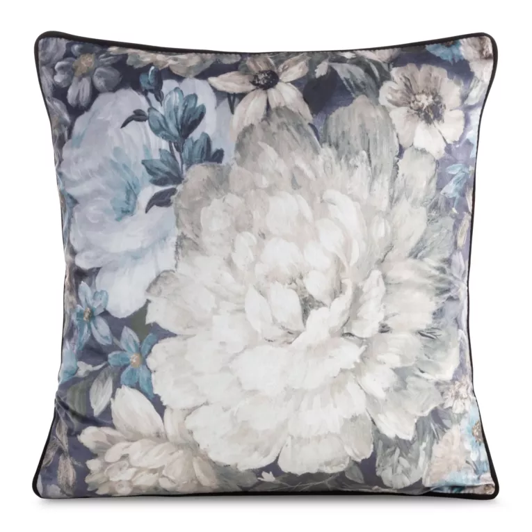 Poszewka na poduszkę 45x45 cm welwetowa z motywem kwiatów z wypustką na brzegach kremowo, niebieska LUCIA Eurofirany