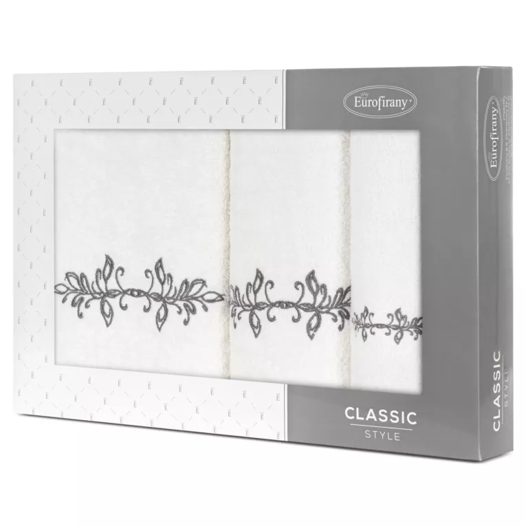 Zestaw ręczników bawełnianych na prezent 3 szt kolor kremowy,grafitowy z haftem z motywem ornamentu roślinnego 380g/m2 KAMELIA Eurofirany