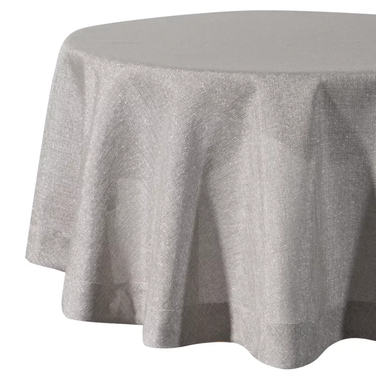 Obrus okrągły srebrny średnica 180 cm o płóciennym splocie BIANCA 1 z dodatkiem błyszczącej nici wykończony podwójną listwą na brzegach
