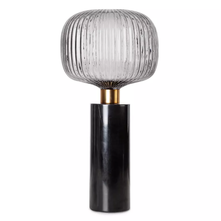 Lampa stołowa do salonu czarno, grafitowa LUKA o marmurowej podstawie i szklanym tłoczonym kloszem Eurofirany