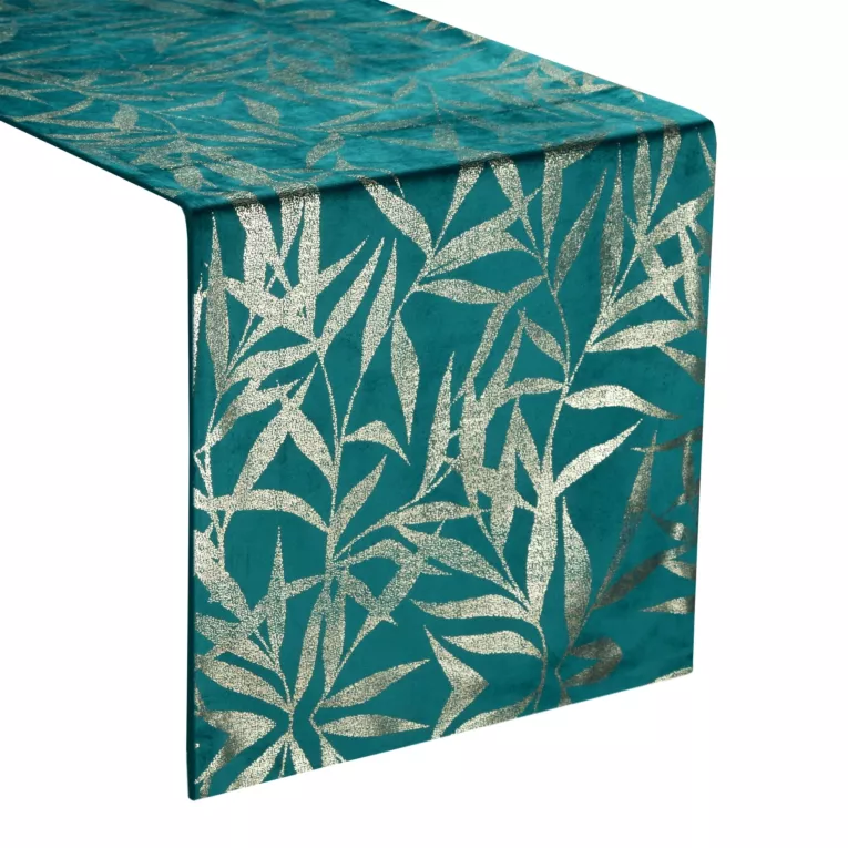 Bieżnik na stół ciemnoturkusowo, złoty 35x140 cm welwetowy BLINK 15 z delikatnymi gałązkami