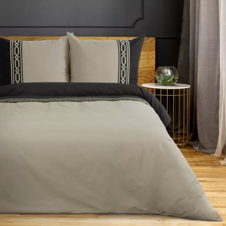 Pościel 220x200 cm bawełniana kolor beżowy, czarny z elegancką aplikacją Reina Line Eurofirany