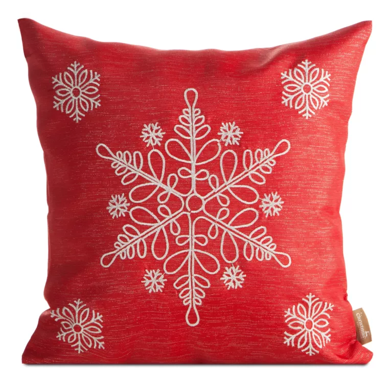 Poszewka na poduszkę świąteczna 45x45 cm czerwono, srebrna przetykana błyszczącą nicią i haftem śnieżynek Eurofirany