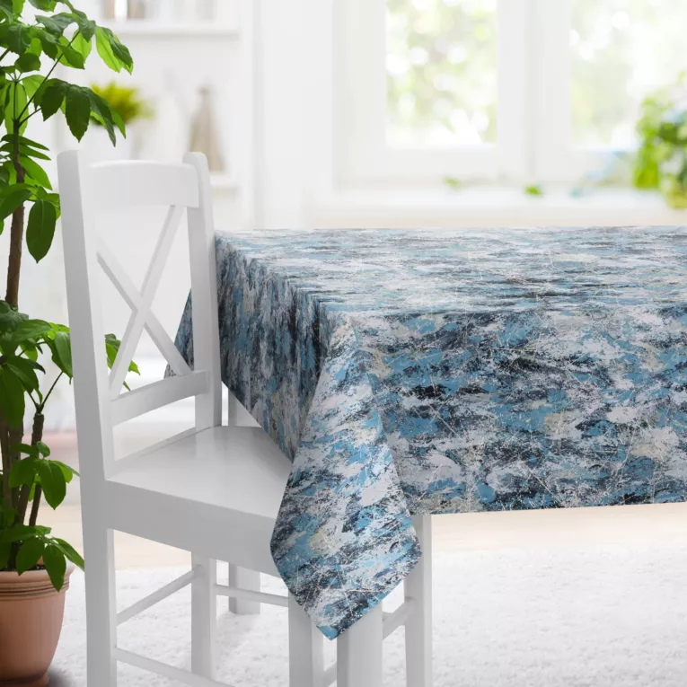 Obrus szyty turkusowo srebrny z welwetowej tkaniny z błyszczącym nadrukiem