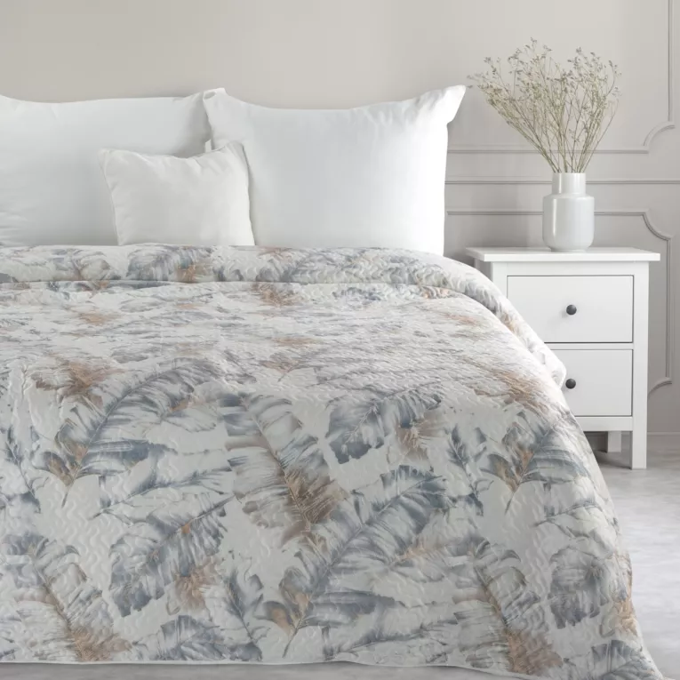 Narzuta welwetowa biało, srebrna 200x220 cm zdobiona nadrukiem liści LAYLA Eurofirany