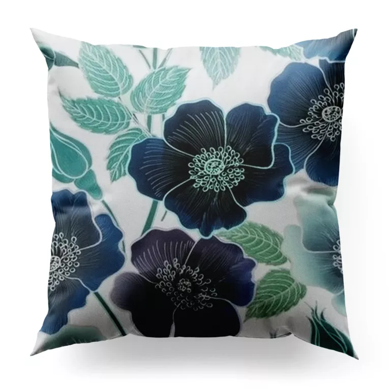 Poszewka szyta kremowo granatowa z miękkiej tkaniny typu blackout drukowanej we wzór kwiatowy