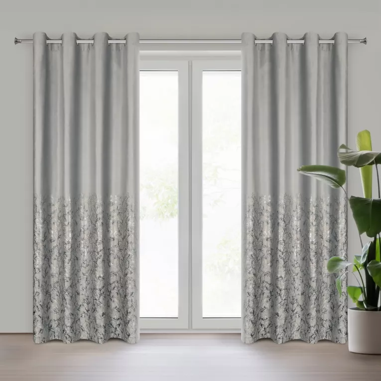 Zasłona srebrno, szampańska zdobiona błyszczącym nadrukiem z welwetu 140x250 cm przelotka TORI Eurofirany