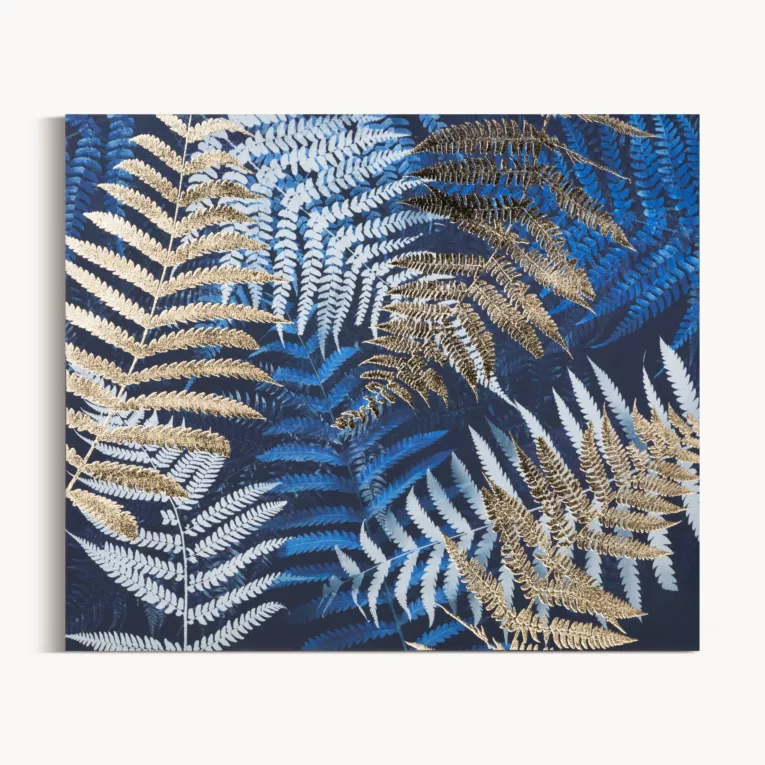 Obraz nadruk na płótnie w stylu botanicznym w niebiesko- złotej kolorystyce